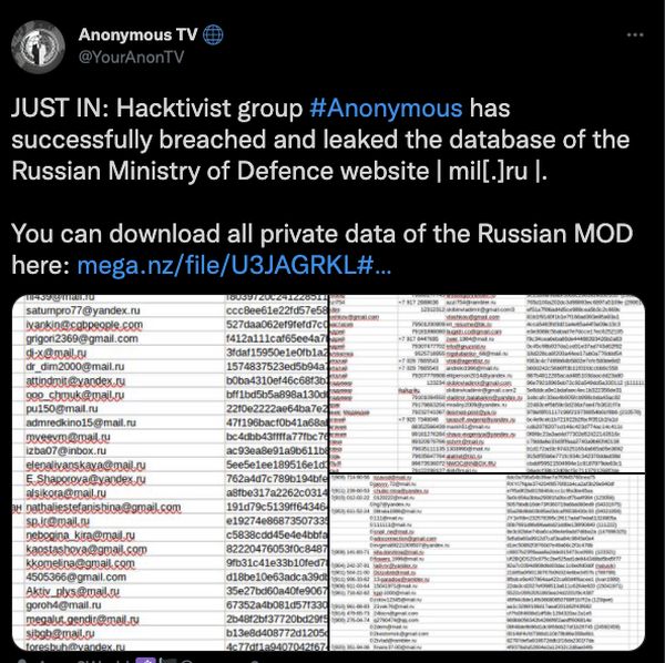 Помста за Україну: хакери Anonymous зламали сайт Міноборони РФ та злили з нього базу даних